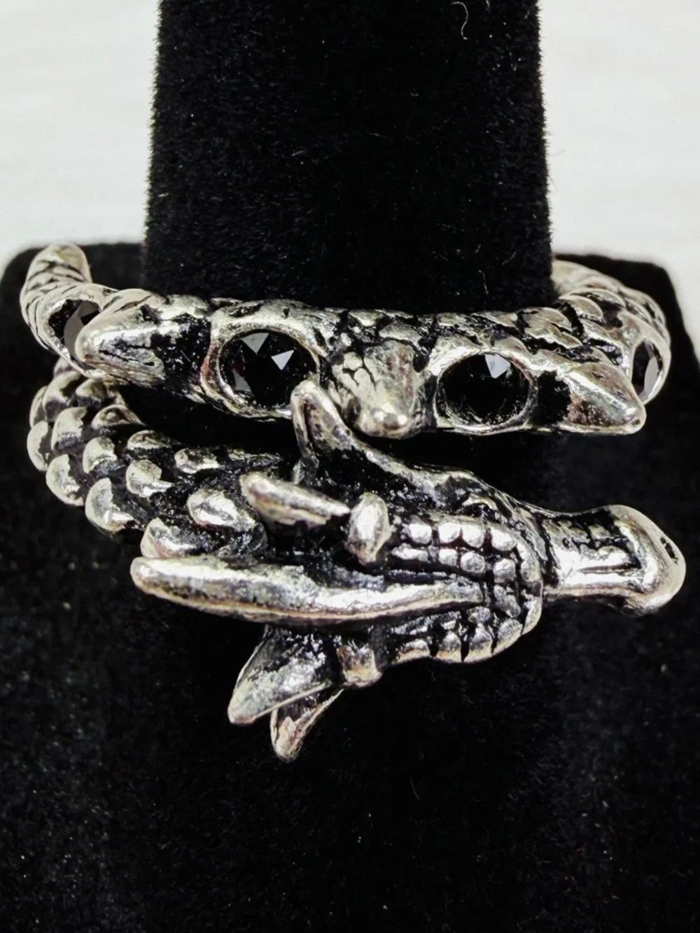 Beautiful silvertone, black bling, dragon coil costume ring